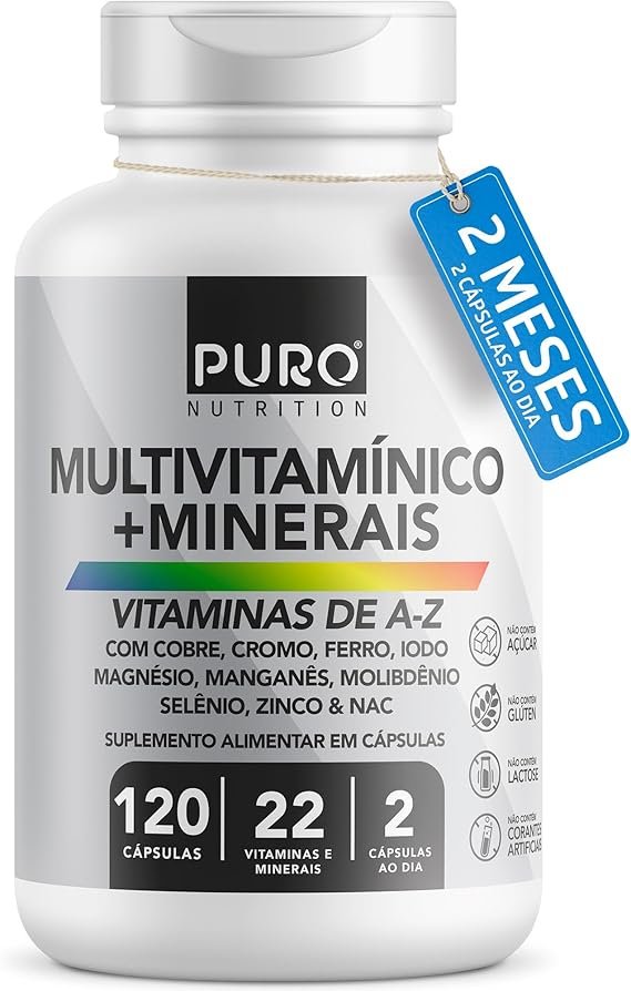 Multivitamínico Puro Nutrition, 22 Vitaminas e Minerais de A-Z, 120 Cápsulas
