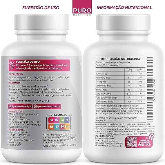 Biotina + Puro Nutrition Pele, Cabelo e Unhas, 45 mcg de Biotina por dose, Vitaminas B1, B2, B3, B5, B6, B9 e B12, 60 Cápsulas - Imagem 2